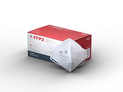 Unfolded face mask with packaging box on white background